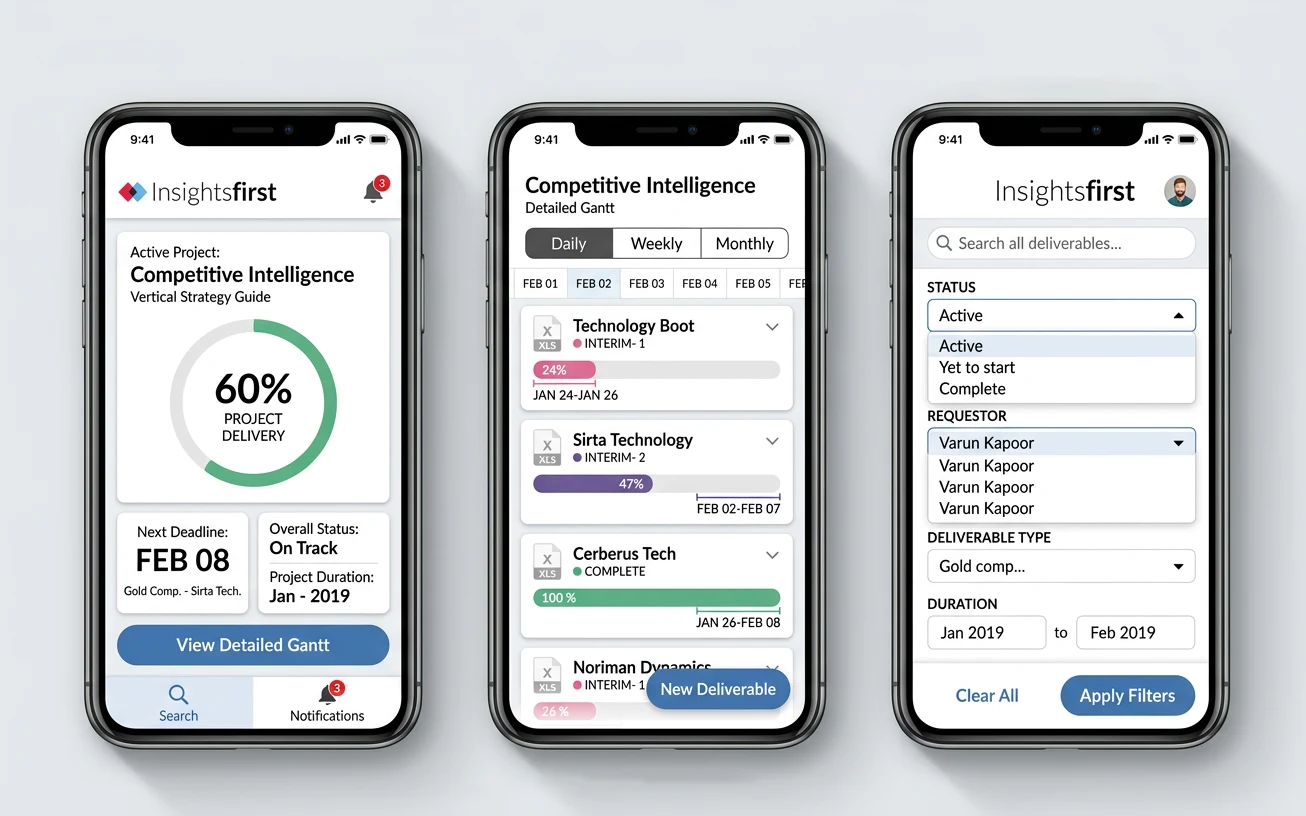 Insightsfirst app UI — mobile screens showing the intelligence platform dashboard, search results or insight detail view