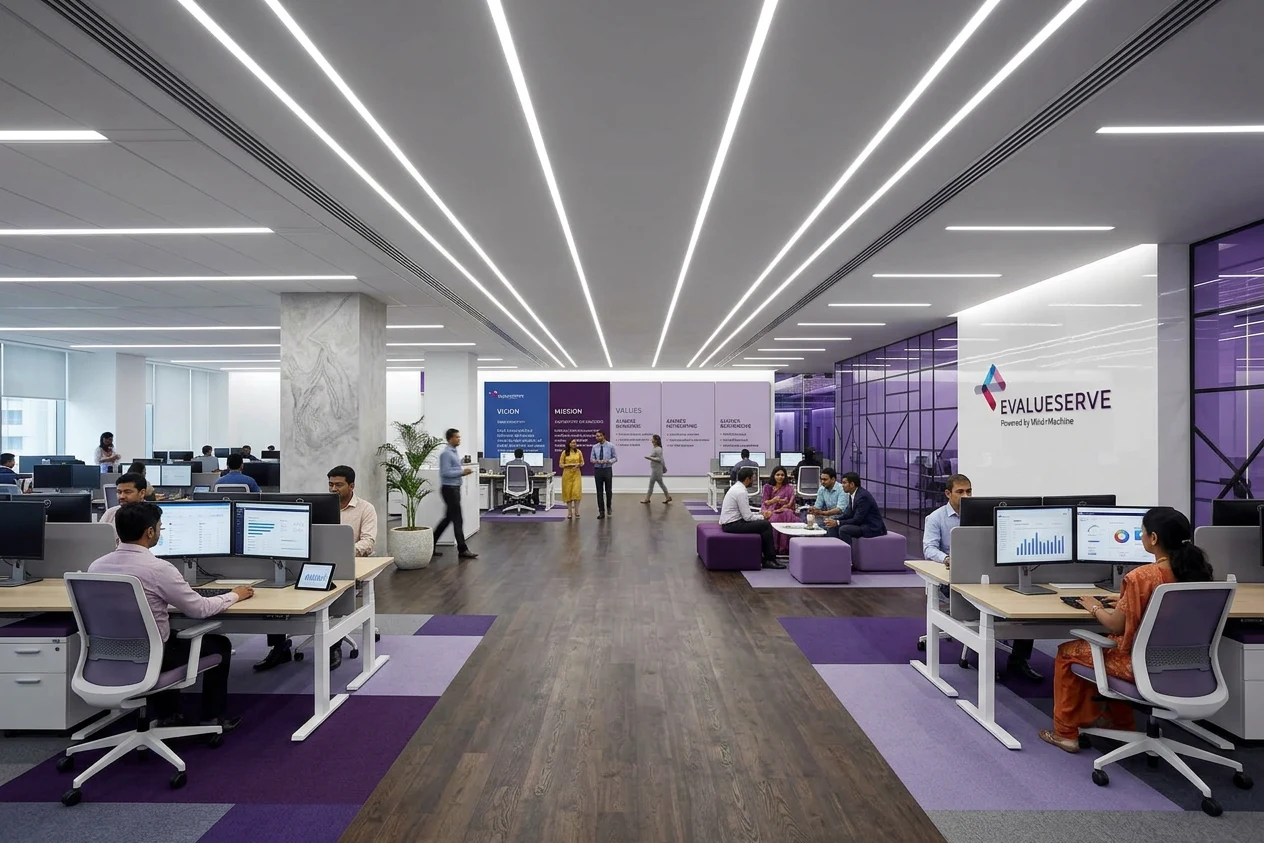 Evalueserve office environment with employees — brand living in the built environment showing cultural implementation