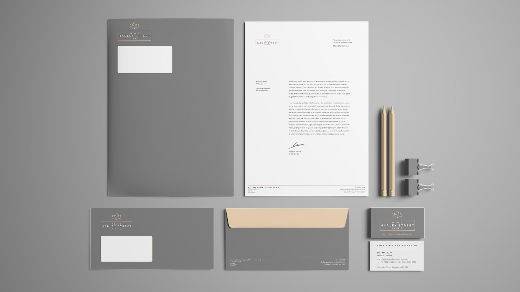 The Private Harley Street Clinic brand identity stationery flatlay — letterhead, business card and appointment card